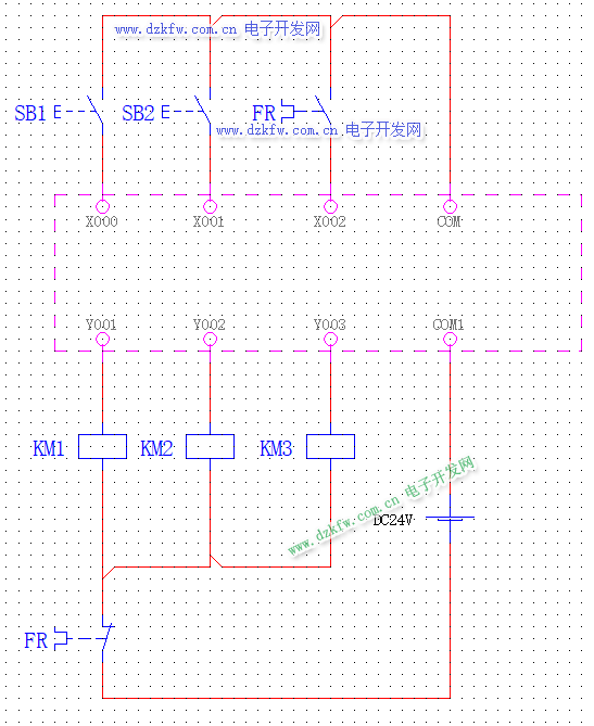三菱PLC電動機Y-△啟動控制(三菱FX-PLC)I/O接線圖